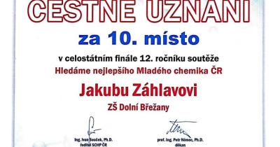 Hledáme nejlepšího mladého chemika ČR - Jakub Záhlava z 9. B v celostátním kole!